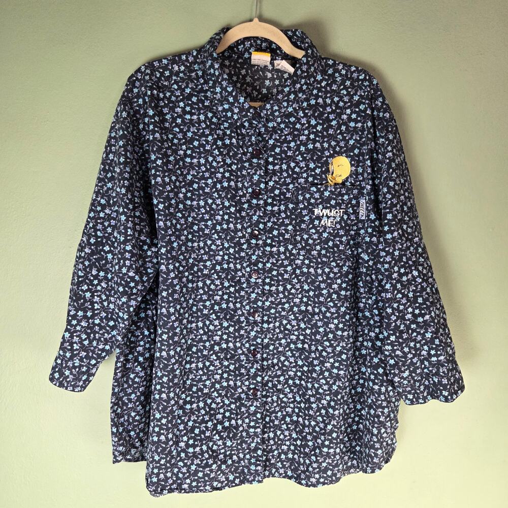 Vintage Looney Tunes Womens 26/28W Tweety Bird Ditsy Floral Button Down Shirt